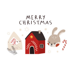 Merry Christmas greeting card tempale with winter cottage, bunny and envelope for Santa. Winter holidays card or poster. Vector winter set