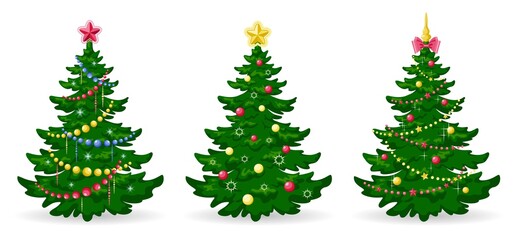 Fototapeta premium Christmas tree. Set of Christmas trees with decorations. Green pine or fir with balls, garlands and ribbons. Merry Christmas and Happy New Year. Winter holidays design element. Isolated. Vector 