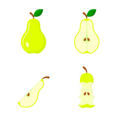 Pear icon set, whole, half of fruit with leaf, stub on a white background. Fruit Vector illustration
