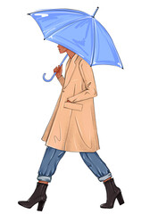 Hand drawn fashion sketch girl with umbrella. Woman wearing coat and steps on a white background. Deep blue jeans, blue umbrella and light brown coat stylish outfit illustration