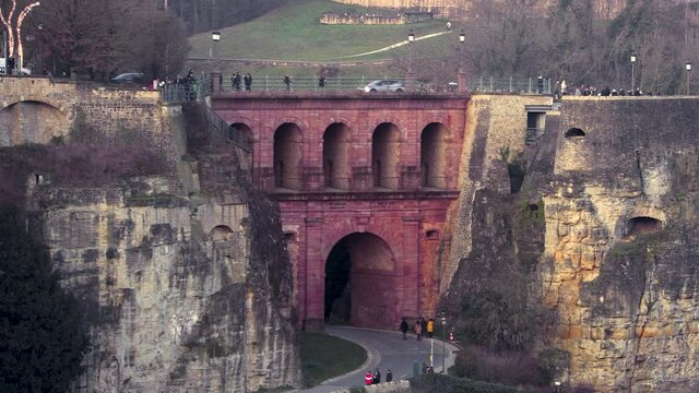 View of Bock Casemate, a touristic attraction in Luxembourg, filmed in a beautiful winters day