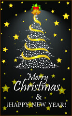 Tarjeta de felicitación para navidad y año nuevo, fondo negro con estrellas doradas, árbol de navidad hecho con círculos blancos y campanas en la parte superior, feliz navidad y próspero año nuevo en 