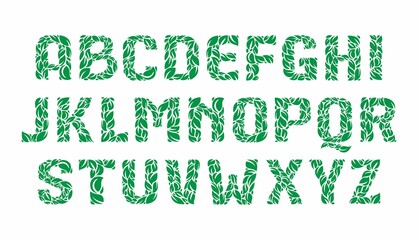 Fototapeta premium Alphabet ecology letters from a green leaves. Font style, vector design template elements for your application or corporate identity.