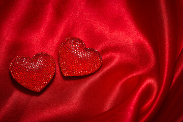 Fototapeta premium Valentines Day Background, Valentine Heart Red Silk Fabric, Wedding Love - Image