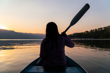 Silhouette Beautiful body positive chubby girl woman kayak happy peace placid adventure travel...