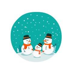 Snowman family. Flat bright vector illustration, cartoon doodle big and small child snowman, trees, flakes, snow in circle. Christmas and New Year card.