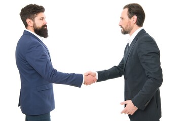 Nice to meet you. Brief greeting. Businessmen shake hands isolated on white. Greeting or parting gesture. Greeting etiquette. Formal greeting and handshake. Business communication