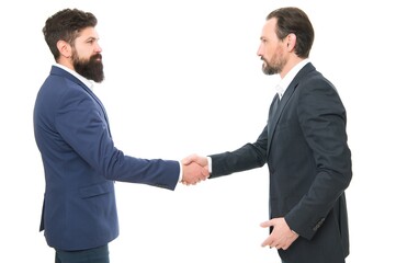 Nice to meet you. Brief greeting. Businessmen shake hands isolated on white. Greeting or parting...