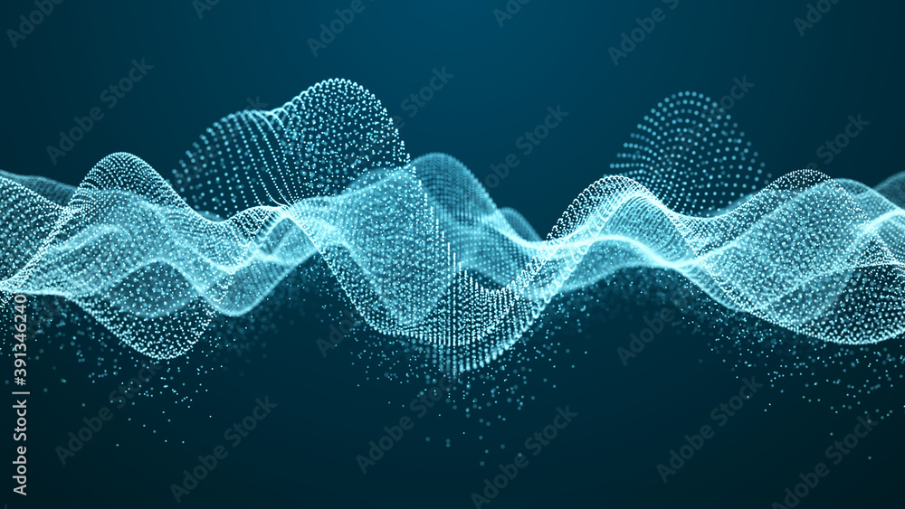 Poster abstract wave and falling particles. smooth abstract gradient dynamic wave of many glowing particles