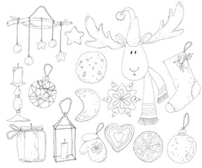 Christmas, New Year set with design elements hand drawn in pen ink: snowflake, Santa's reindeer, Christmas decorations, candles, cookies, sock for gifts.