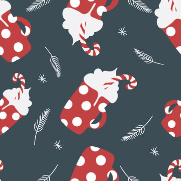 Cute Christmas Seamless Pattern With Hot Cocoa. Vector Illustration In Cartoon Style.