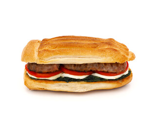 Homemade sandwich with sausage, chicory, mozzarella and tomato isolated on white background