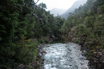 paisaje natural de montaña, rio y cascada con bosque