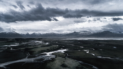 Aerial of dramatic flooded landscape in East Iceland
