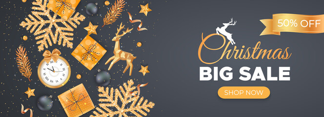 Christmas and New Year Discount Sale Flyer Big Sale Special Seasonal Offer Horizontal Banner with golden snowflakes, gift boxes, wall clock, fir branches, deer, balls, stars.