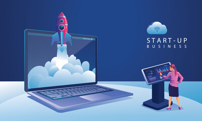 Business Startup launching product with rocket concept. Template and Backgrounds Vector illustration, business project startup process idea through planning and strategy, time management, realization