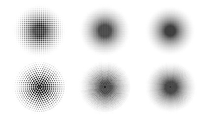 Set of simple halftones. Black gradient circles of dots. Dotwork. Vector illustration.