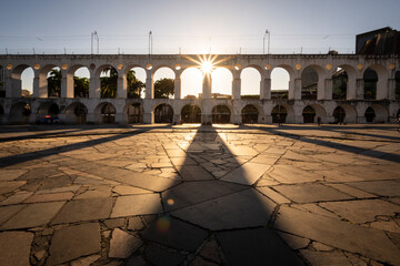 Beautiful view to old aqueduct in urban historic downtown area
