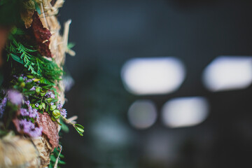 assorted flowers in showcase background with selective blur