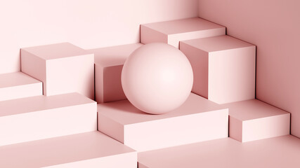 set of simple shapes in pink, still life, template or wallpaper, 3d rendering