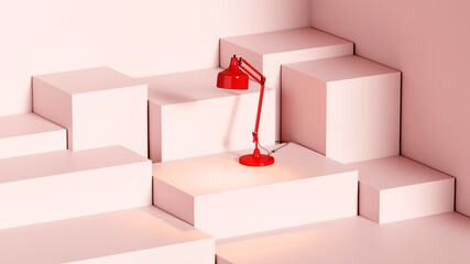 red glowing table lamp on a pink stand made of cubes, template or wallpaper, 3d rendering