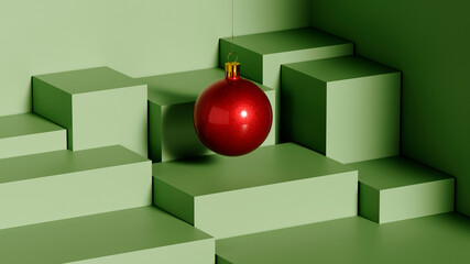 red Christmas ball or Christmas tree toy hanging over a stand of cubes, template or wallpaper, 3d...