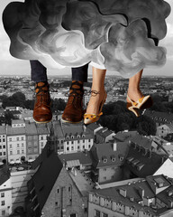 fantasy world: couple sitting on a cloud above town, black and white picture with additional colours