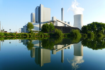 Coal-fired power plant in Hanover behind the Mittelland canal, Lower Saxony, Germany. 