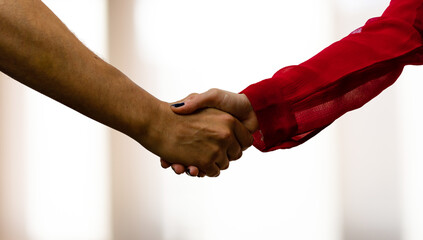 A woman in a red blouse, and a man shake hands as if they agreed, made a deal or met, all against a clear background.