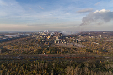 Industrial steel factory, iron works. Metallurgical plant. steelworks. Heavy industry in Europe, Poland, Dabrowa Gornicza. Air pollution from chimneys. Ecology and environmental. Aerial drone view