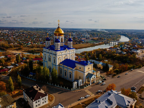 Aerial view from drone of Ascension Cathedral in autumn Yelets, Lipetsk region, Russia