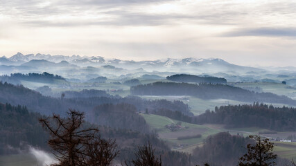 Blick vom Aussichtsturm auf dem Gurten Kulm nach Westen Richtung Freiburg, Gantrisch. Nebel,...
