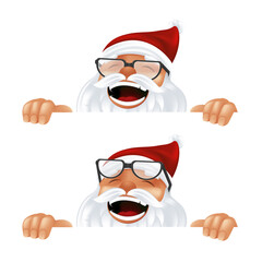 Funny cartoon Santa Claus in a red hat and glasses. Laughing and smiling Christmas character in traditional costume peeking from behind the horizontal corner or a sign isolated on a white background