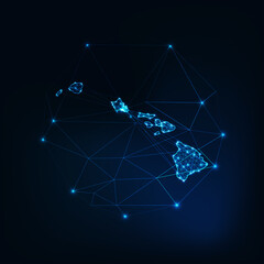 Hawaii state USA map glowing silhouette made of stars lines dots triangles, low polygonal shapes.