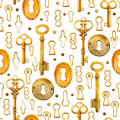 Watercolor seamless pattern with hand-drawn antique gold keys and keyhole. Illustration in picturesque style on white background. Old objects design.