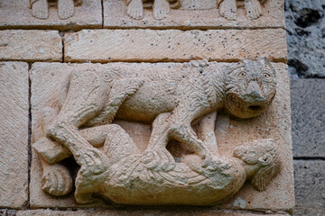 lion attacking a man, hermitage of San Pedro de Tejada, Romanesque hermitage, Puente-Arenas, the Merindad de Valdivielso, Burgos, Spain