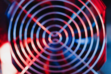 Power supply cooler Electronics technology concept details blue red light background free space for...