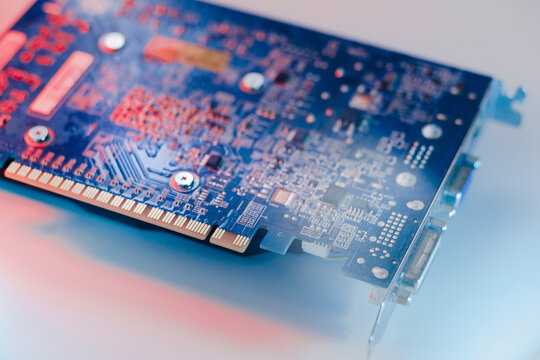 gpu Graphics Proccesing Unit white background on white background details macro blue red light
