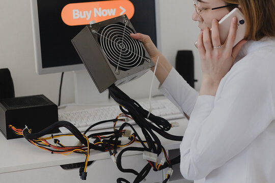 Power supply Electronics technology concept. Young woman online shopping Power supply white background room