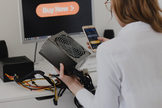 Power supply Electronics technology concept. Young woman online shopping Power supply white background room