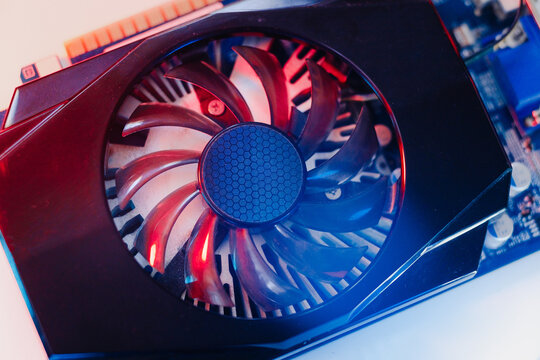 gpu Graphics Proccesing Unit white background on white background details macro blue red light