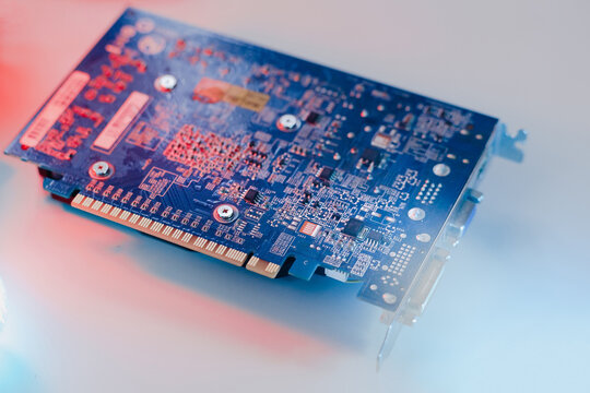 gpu Graphics Proccesing Unit white background on white background details macro blue red light