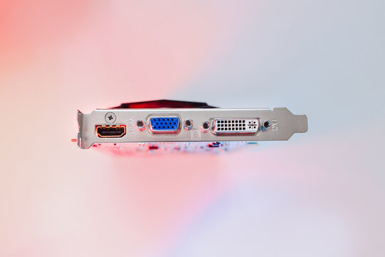 gpu Graphics Proccesing Unit white background on white background details macro blue red light