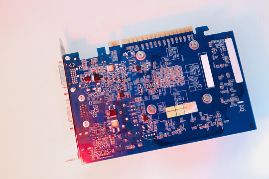 gpu Graphics Proccesing Unit white background on white background details macro blue red light