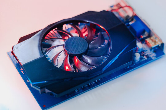 gpu Graphics Proccesing Unit white background on white background details macro blue red light