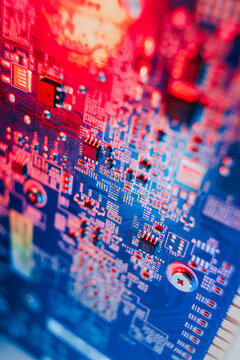 gpu Graphics Proccesing Unit white background on white background details macro blue red light