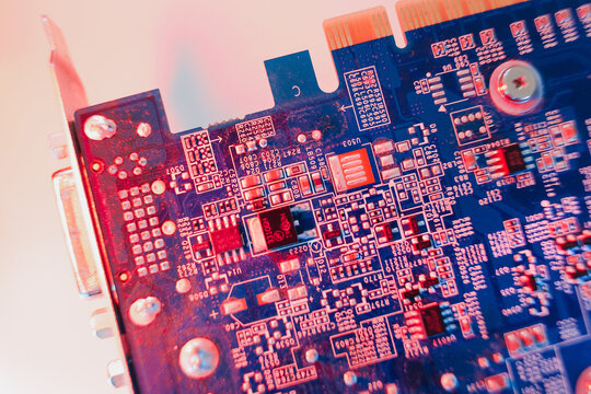 gpu Graphics Proccesing Unit white background on white background details macro blue red light