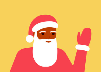 Black Santa Claus waves his hand, greets, congratulates on holidays. Santa claus celebrates christmas and new year. Vector flat illustration