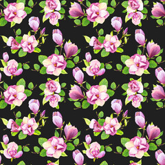 Spring seamless background with watercolor magnolia. Floral purple pattern with realistic flowers on black background for your design and decor. - 391358630