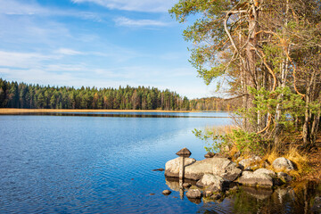 Fototapeta premium Autumn view of Liesjarvi National Park and The Lake Kyynara, Tammela, Finland
